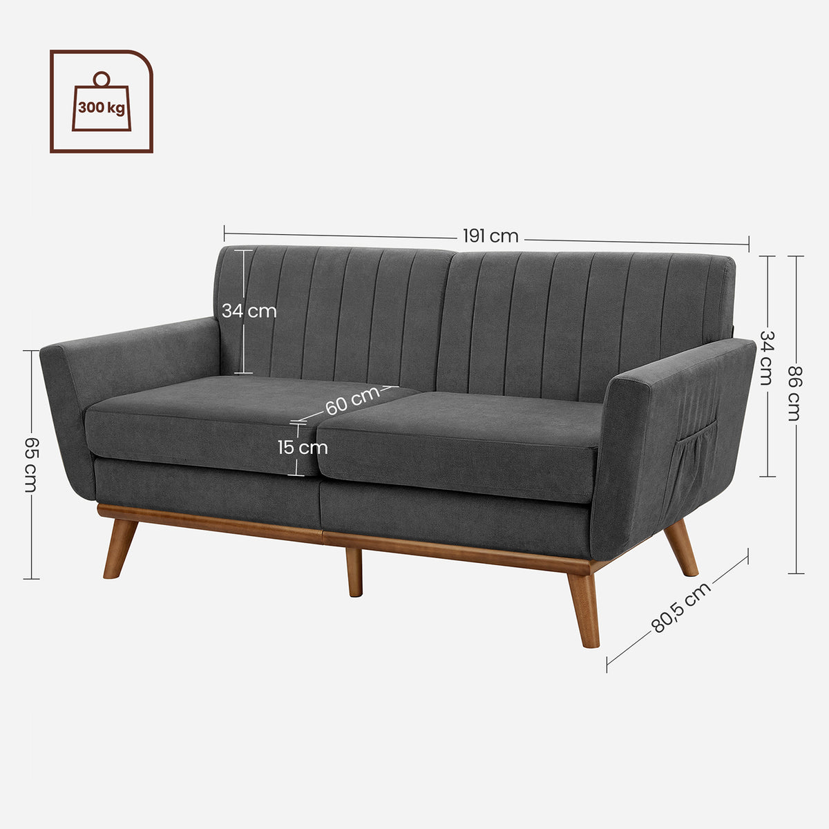3-zitsbank in Mid-century Stijl met Massief Houten Poten, 191 x 80,5 x 86 cm