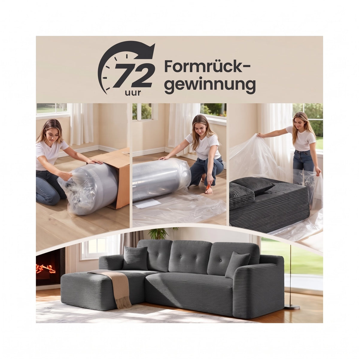 Modulaire Hoekbank zonder Montage met Ruime Chaise Longue, 244 cm