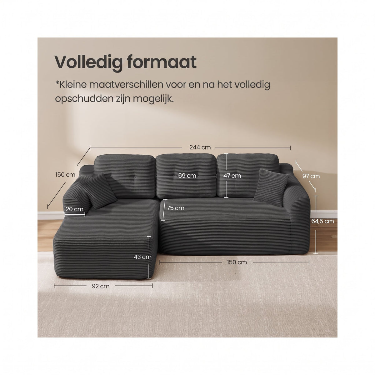 Modulaire Hoekbank zonder Montage met Ruime Chaise Longue, 244 cm