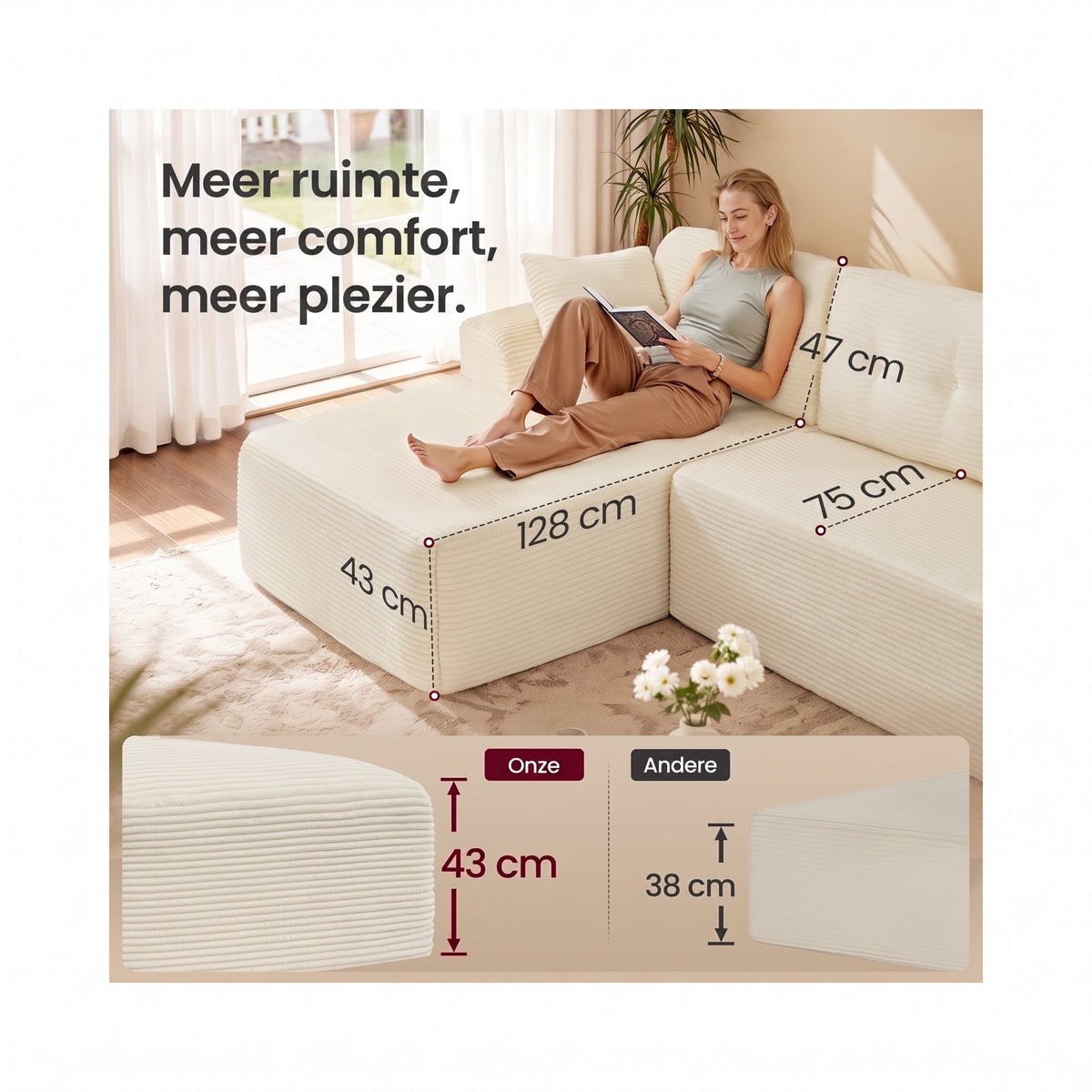 Modulaire Hoekbank zonder Montage met Ruime Chaise Longue, 244 cm
