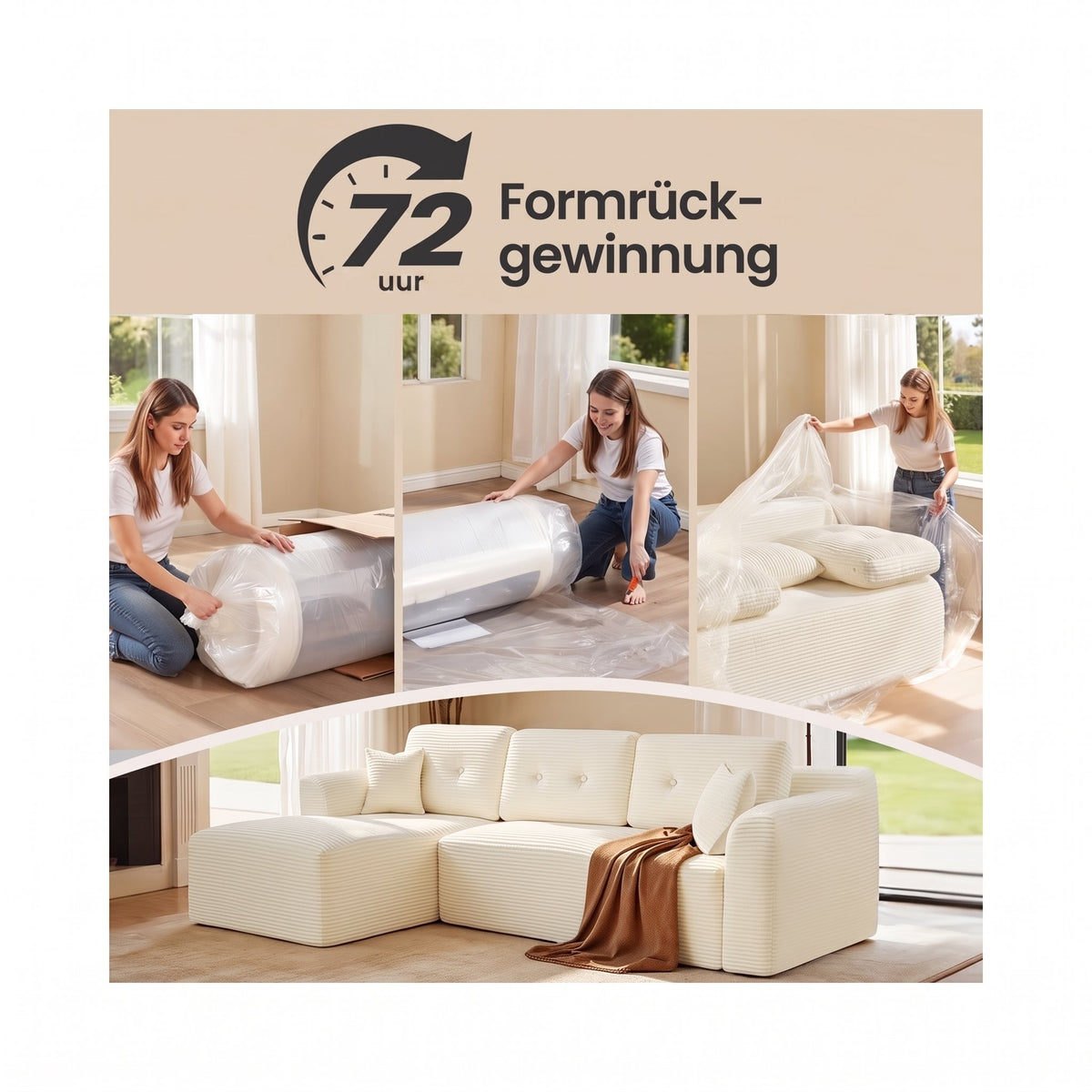 Modulaire Hoekbank zonder Montage met Ruime Chaise Longue, 244 cm