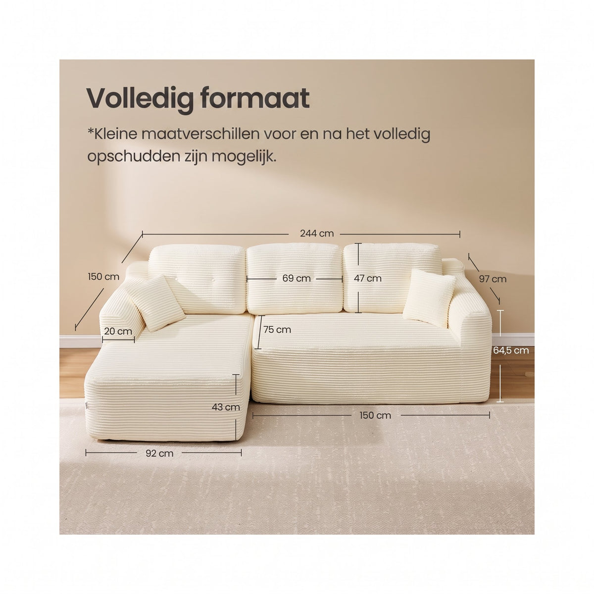Modulaire Hoekbank zonder Montage met Ruime Chaise Longue, 244 cm