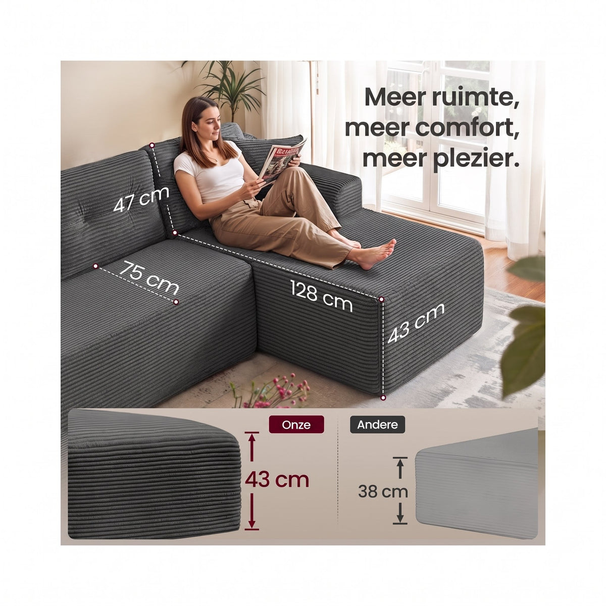 Modulaire Hoekbank zonder Montage met Ruime Chaise Longue, 244 cm