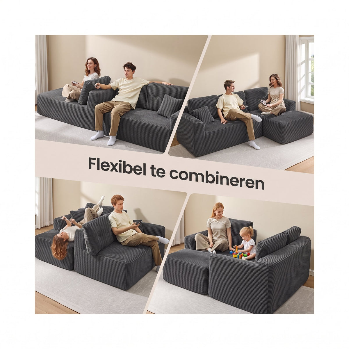 Modulaire Hoekbank zonder Montage met Ruime Chaise Longue, 244 cm
