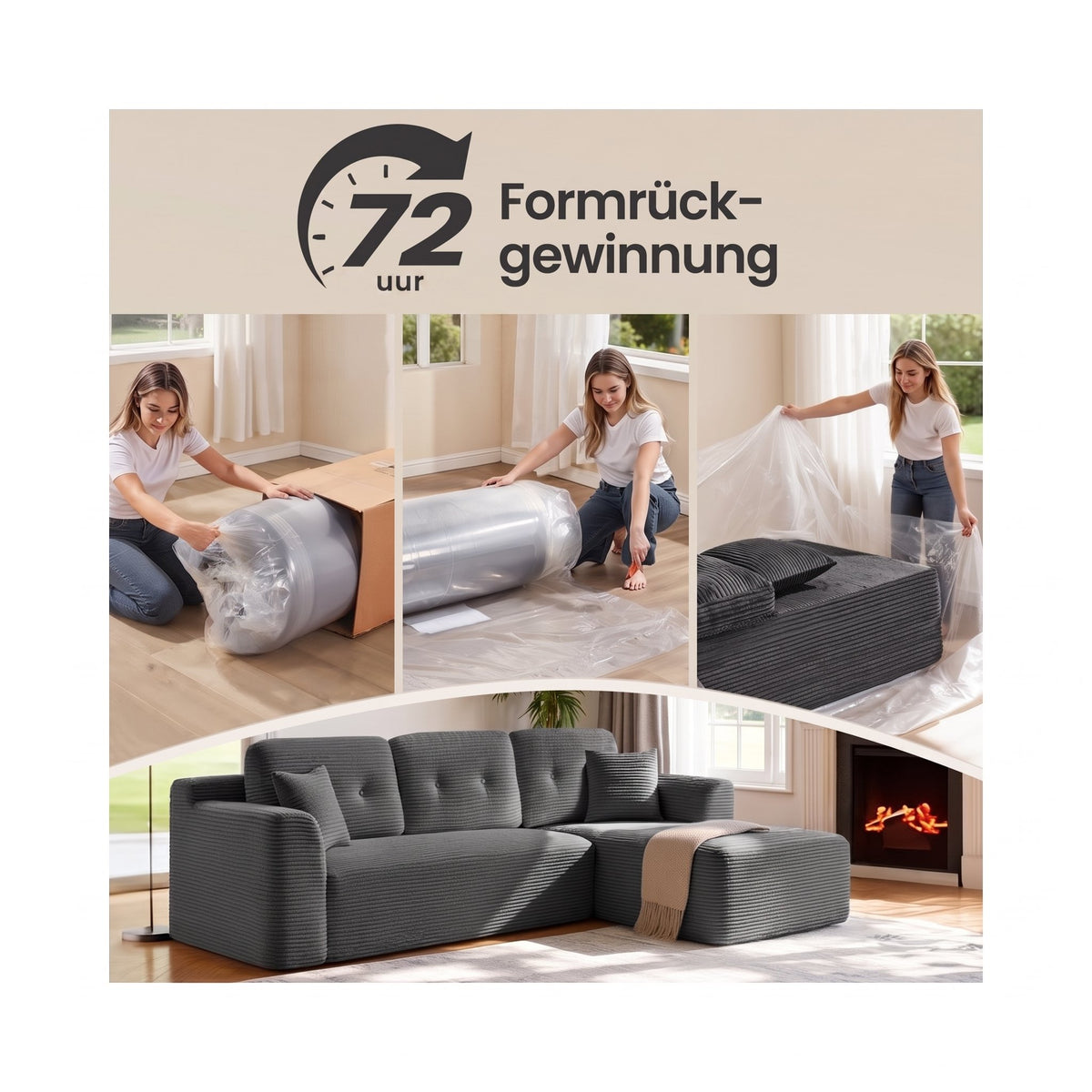 Modulaire Hoekbank zonder Montage met Ruime Chaise Longue, 244 cm