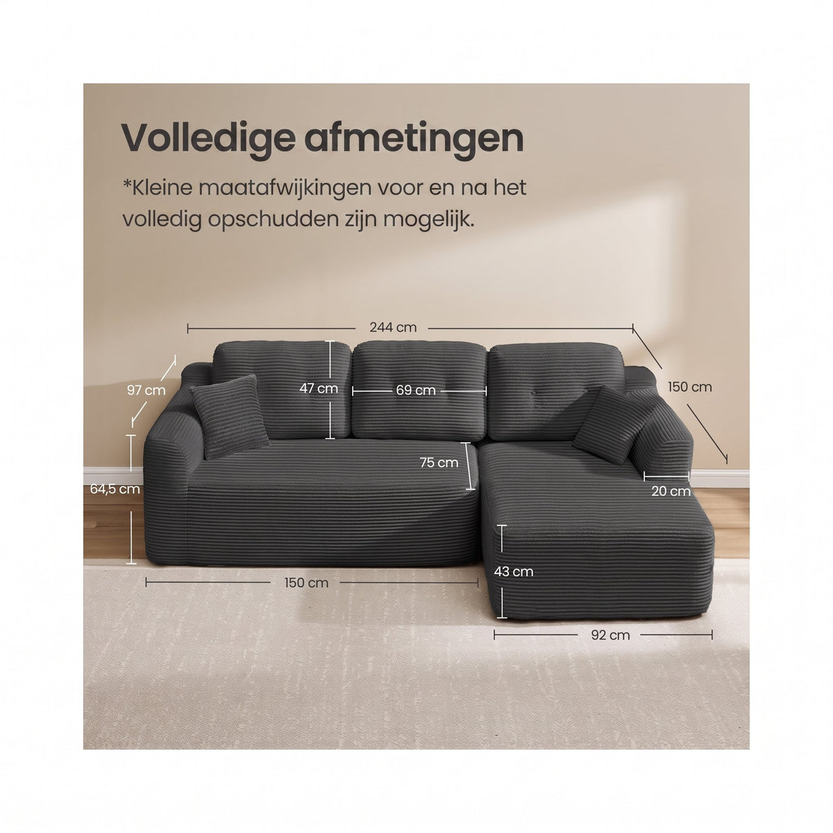 Modulaire Hoekbank zonder Montage met Ruime Chaise Longue, 244 cm
