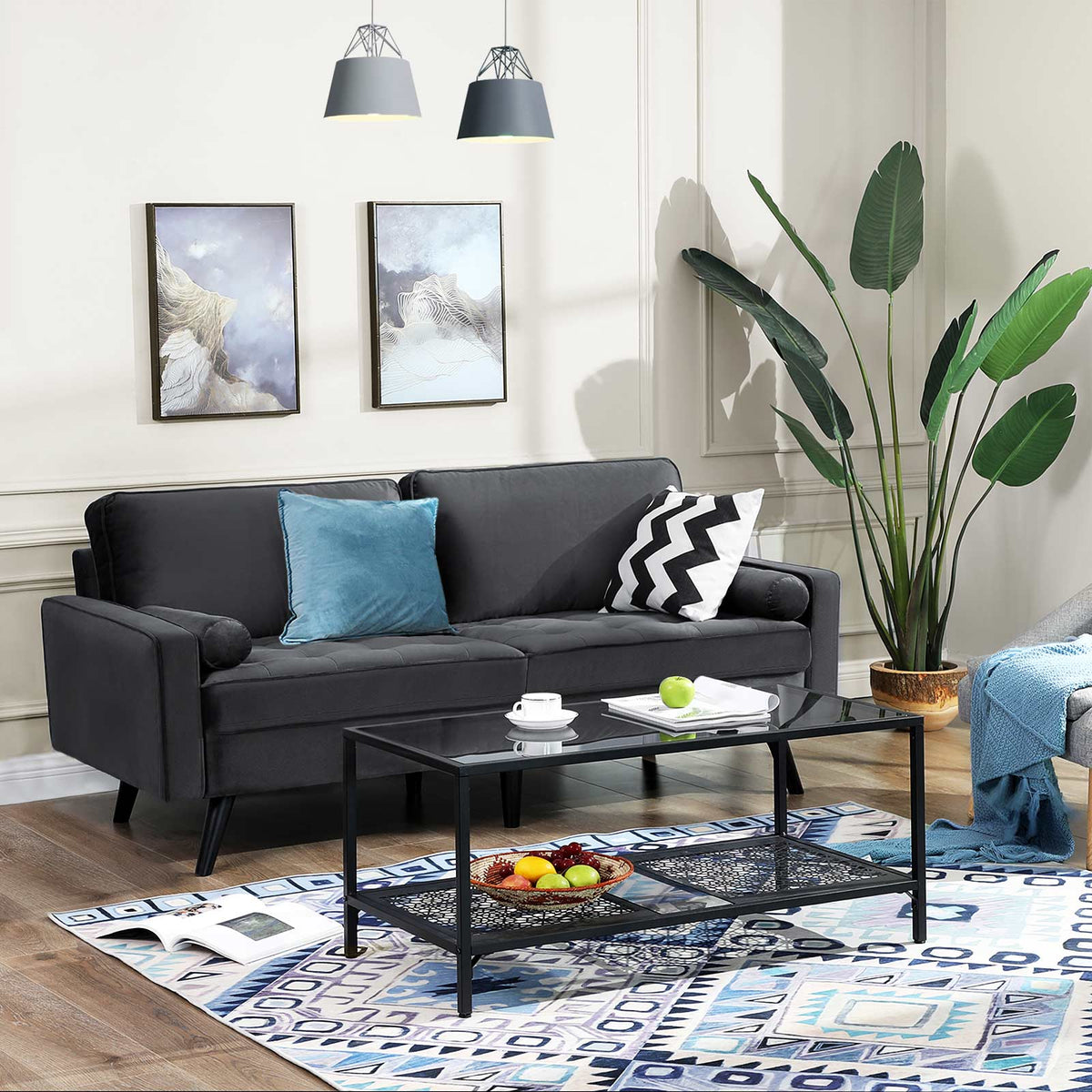 3-zitsbank met Fluwelen Bekleding en Houten Frame, 176 x 83 x 84 cm