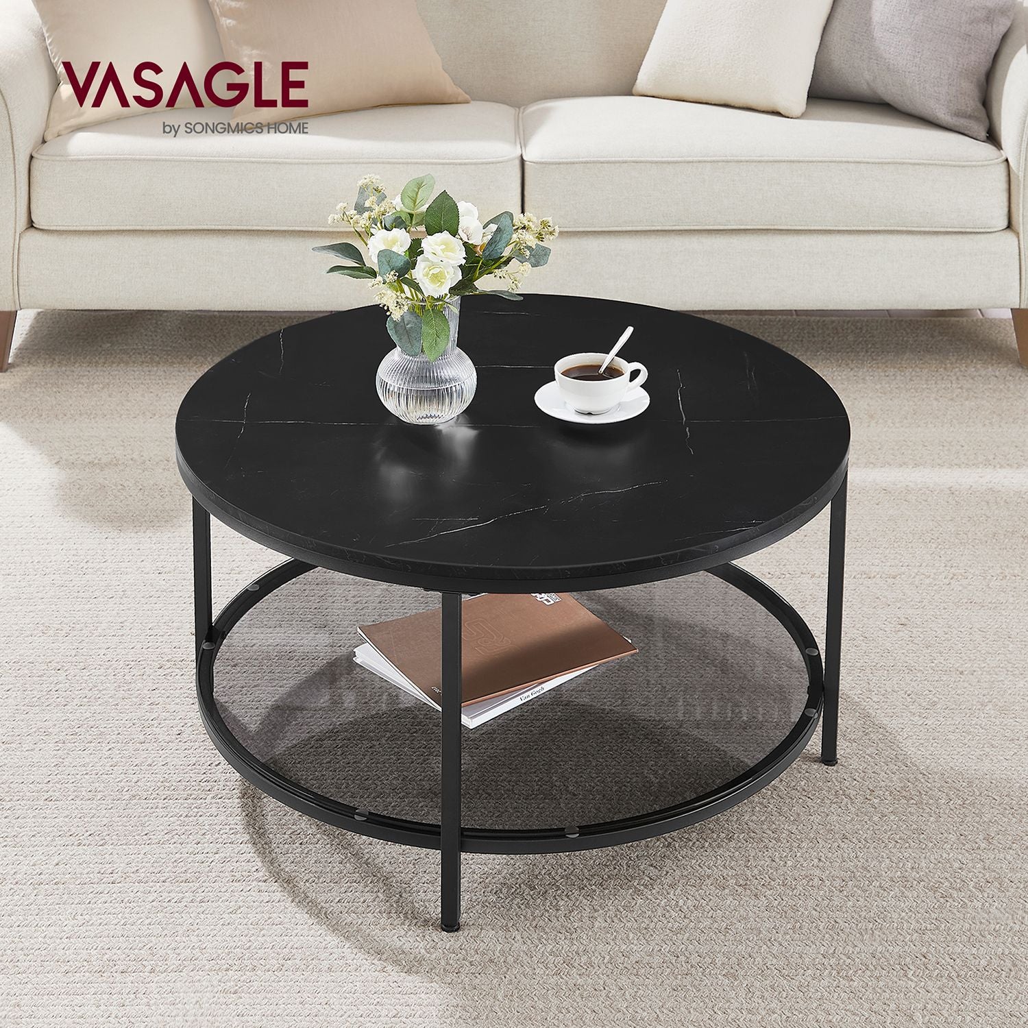 Salontafel met Glazen Blad en 2 Planken in Marmerlook, 65 of 80 cm