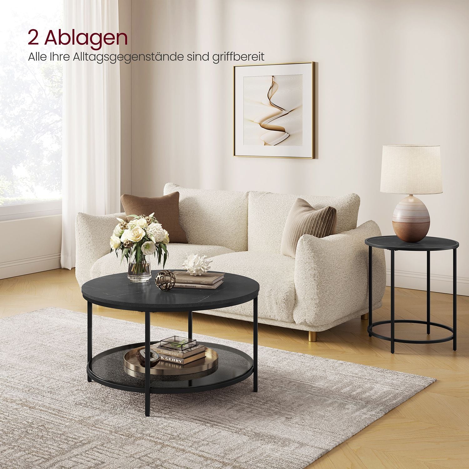 Salontafel met Glazen Blad en 2 Planken in Marmerlook, 65 of 80 cm