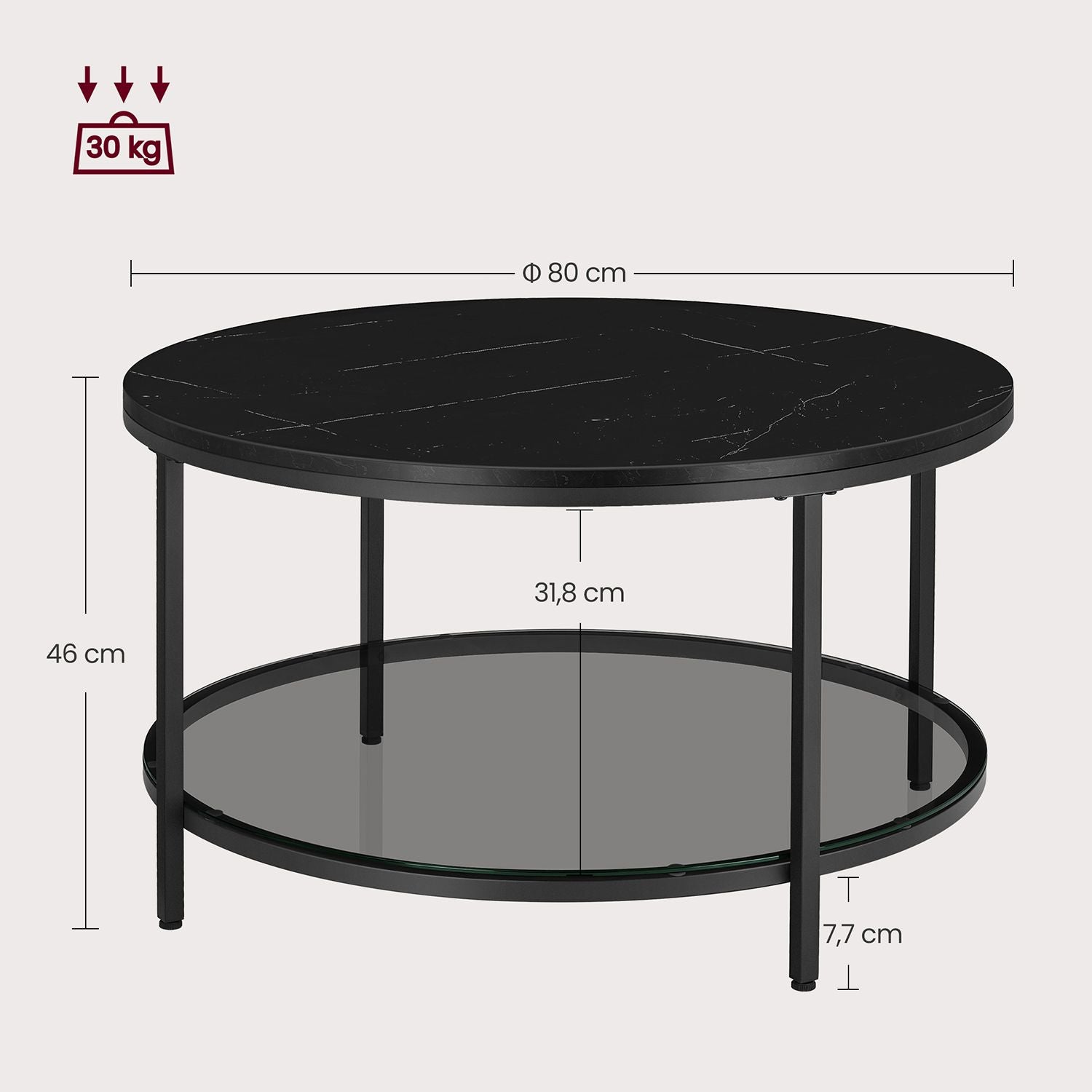 Salontafel met Glazen Blad en 2 Planken in Marmerlook, 65 of 80 cm