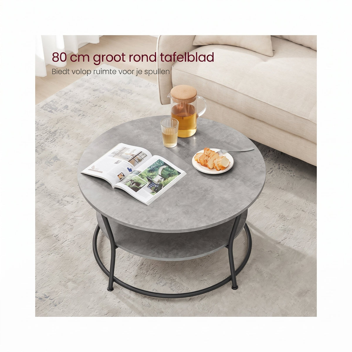 Ronde Salontafel met 2 Planken en Metalen Frame, 80 x 45 cm