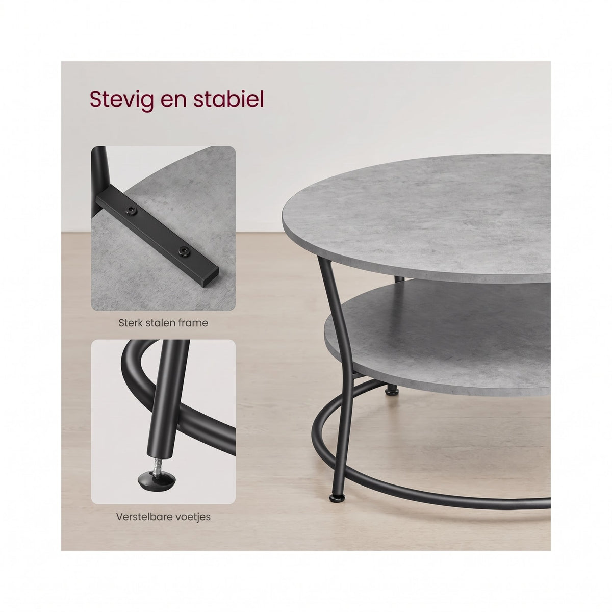 Ronde Salontafel met 2 Planken en Metalen Frame, 80 x 45 cm