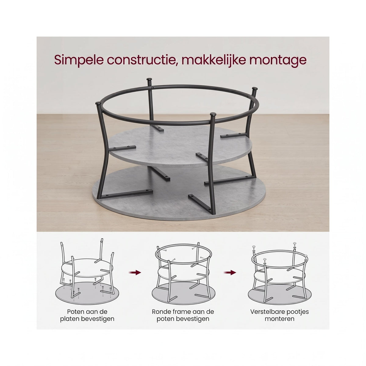 Ronde Salontafel met 2 Planken en Metalen Frame, 80 x 45 cm