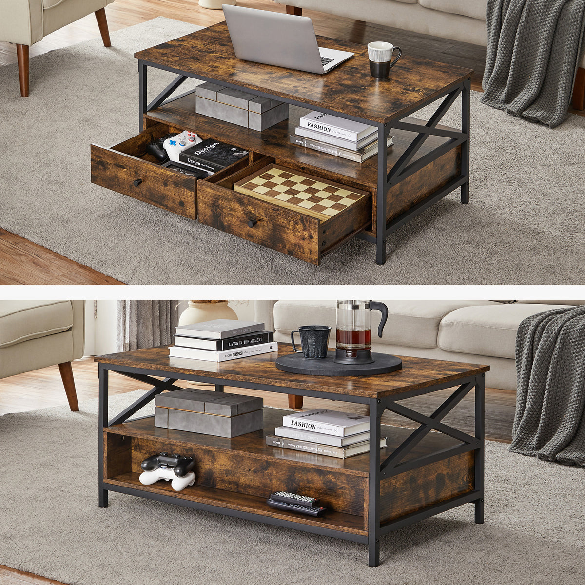 Salontafel met 2 Lades en Open Vak, X-Vormige Stutten, 100 x 55 x 45 cm