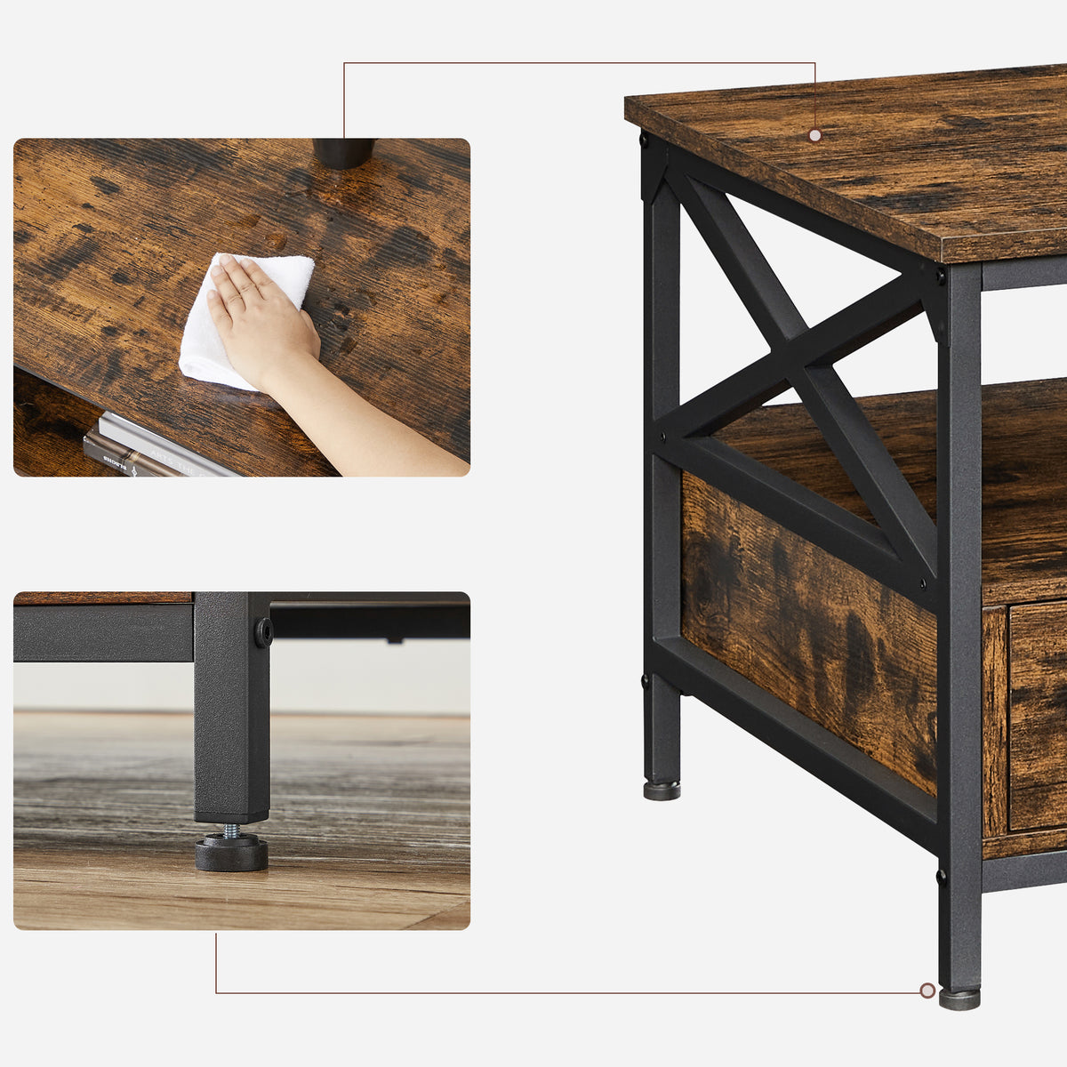 Salontafel met 2 Lades en Open Vak, X-Vormige Stutten, 100 x 55 x 45 cm