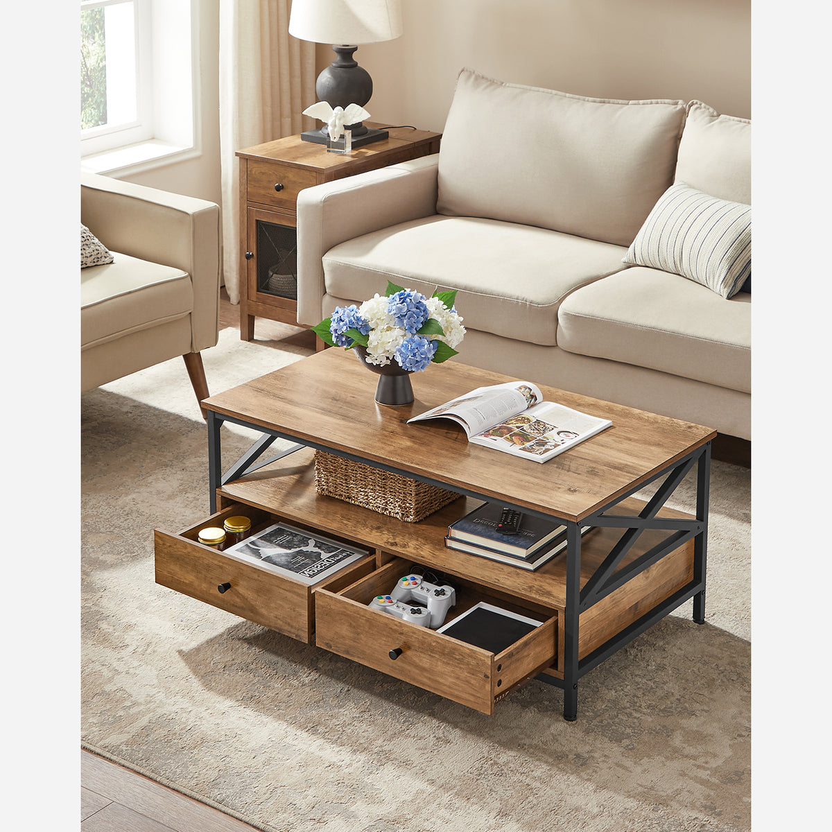 Salontafel met 2 Lades en Open Vak, X-Vormige Stutten, 100 x 55 x 45 cm