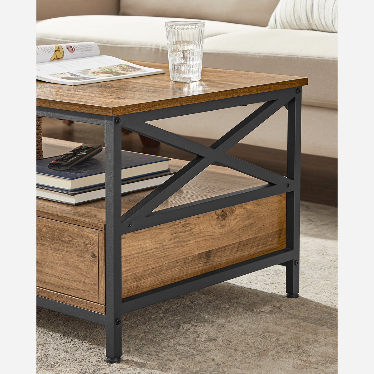 Salontafel met 2 Lades en Open Vak, X-Vormige Stutten, 100 x 55 x 45 cm