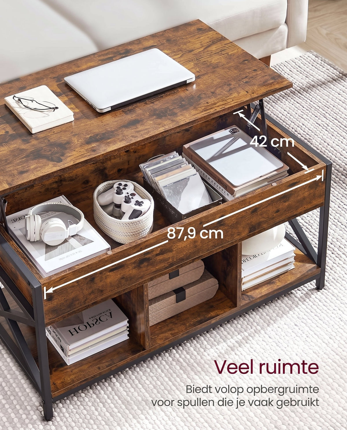 In Hoogte Verstelbare Salontafel met Verborgen Opbergruimte, 50 x 100 cm
