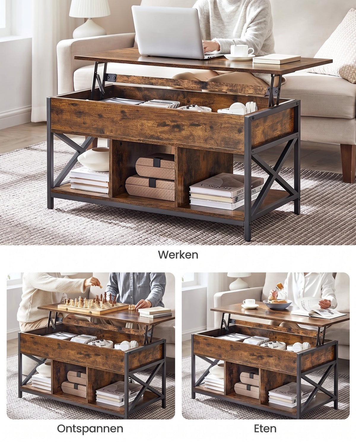 In Hoogte Verstelbare Salontafel met Verborgen Opbergruimte, 50 x 100 cm