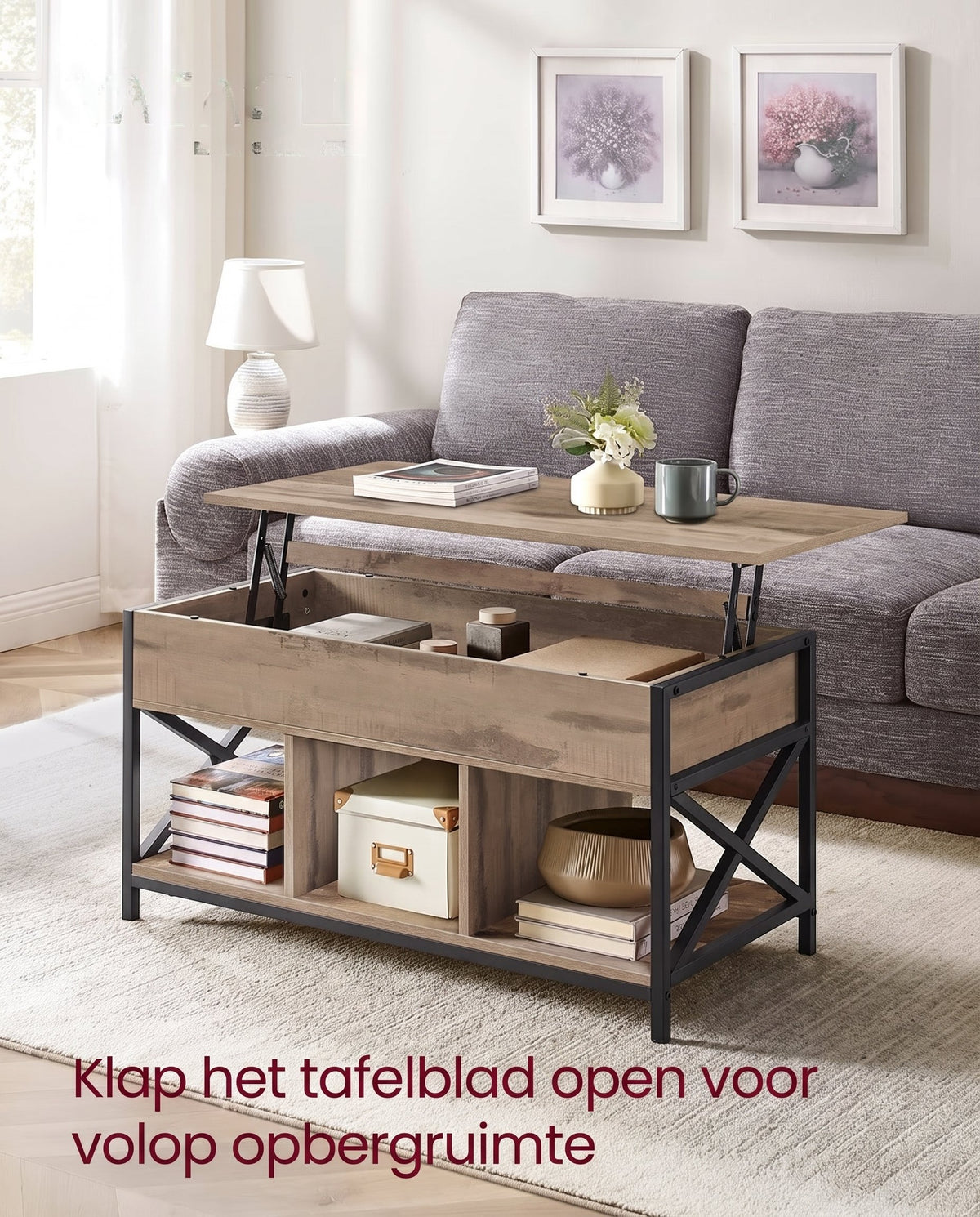 In Hoogte Verstelbare Salontafel met Verborgen Opbergruimte, 50 x 100 cm
