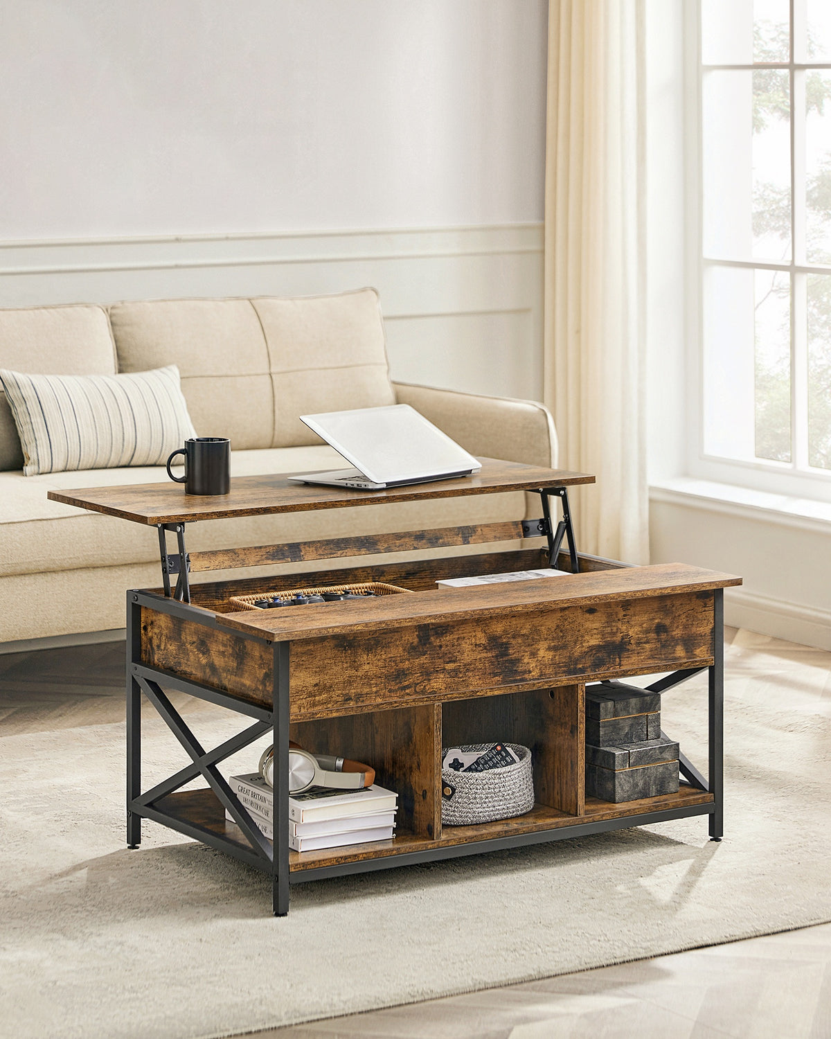 In Hoogte Verstelbare Salontafel met Liftblad en Open Vakken, 60 x 100 x 48-62 cm