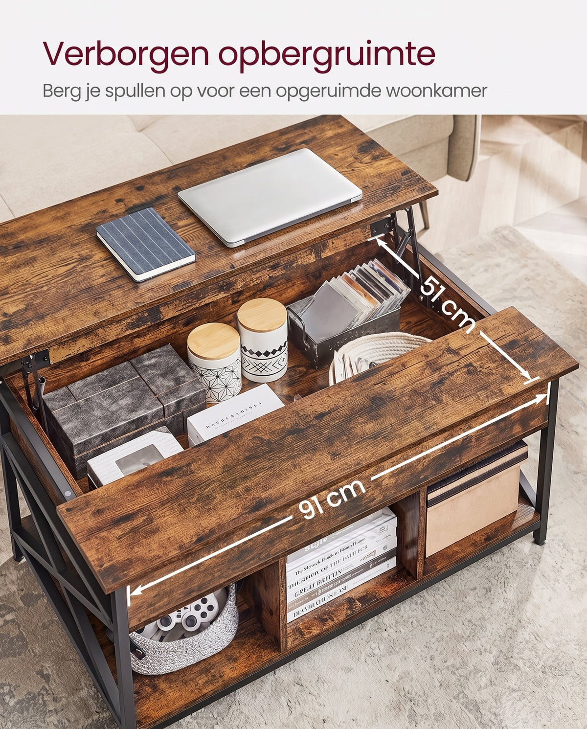 In Hoogte Verstelbare Salontafel met Liftblad en Open Vakken, 60 x 100 x 48-62 cm