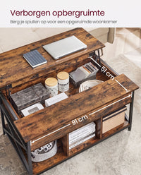 In Hoogte Verstelbare Salontafel met Liftblad en Open Vakken, 60 x 100 x 48-62 cm