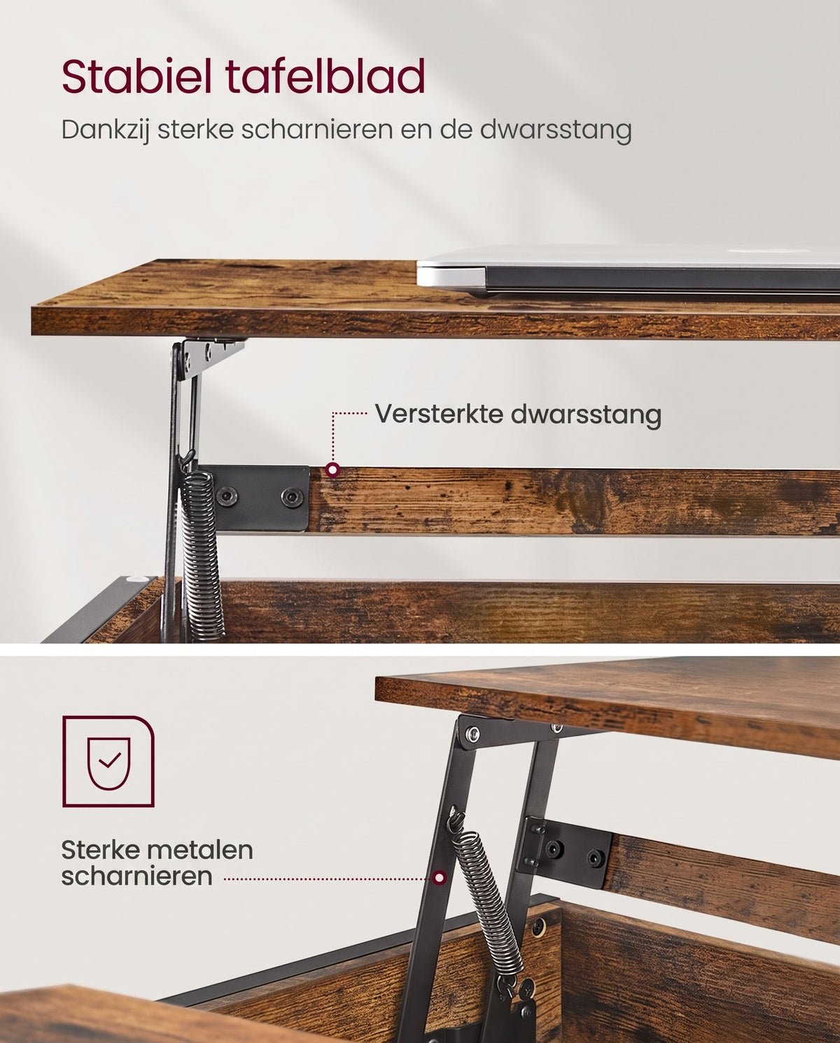 In Hoogte Verstelbare Salontafel met Liftblad en Open Vakken, 60 x 100 x 48-62 cm