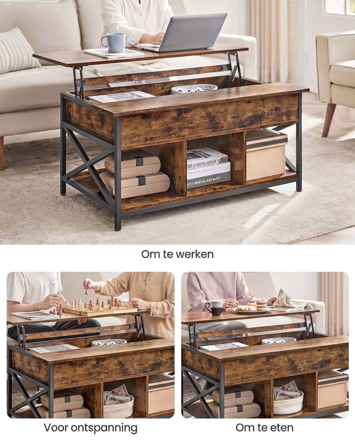 In Hoogte Verstelbare Salontafel met Liftblad en Open Vakken, 60 x 100 x 48-62 cm