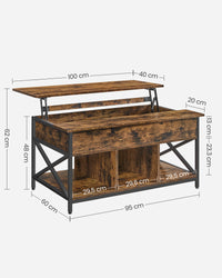 In Hoogte Verstelbare Salontafel met Liftblad en Open Vakken, 60 x 100 x 48-62 cm