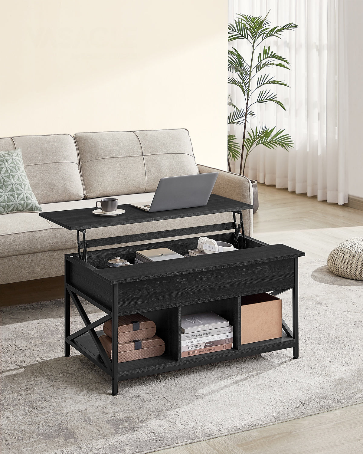 In Hoogte Verstelbare Salontafel met Liftblad en Open Vakken, 60 x 100 x 48-62 cm