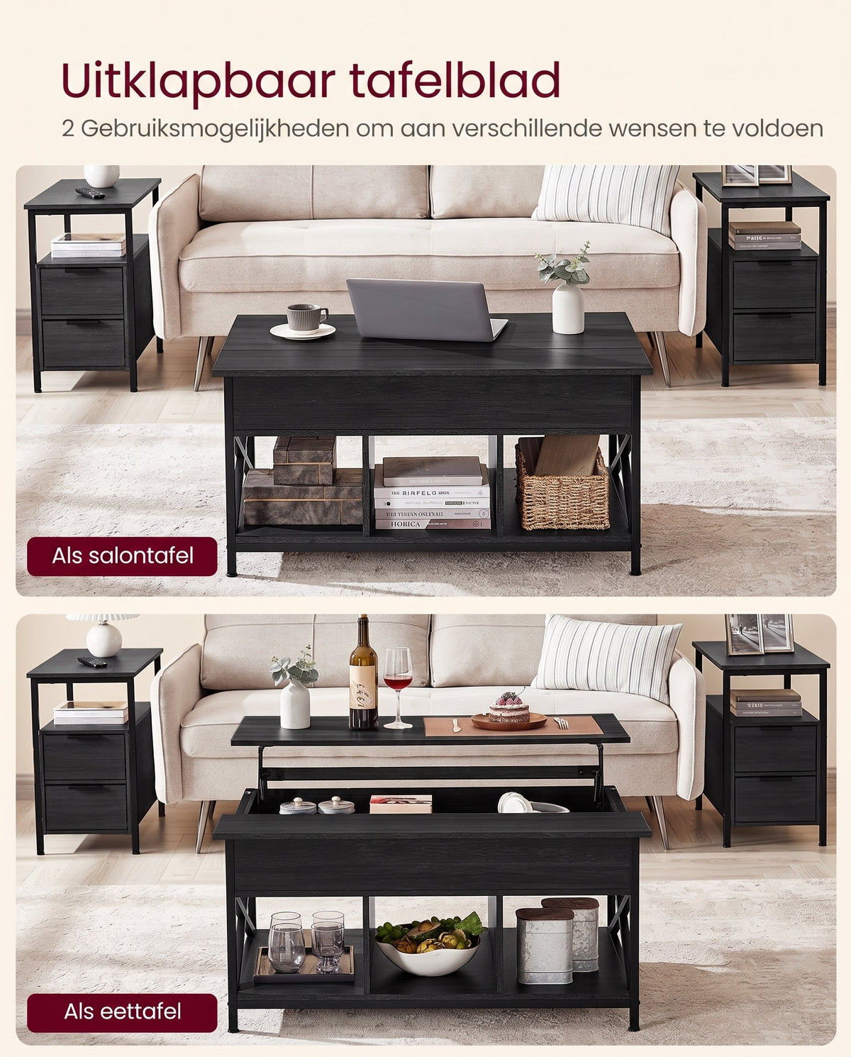 In Hoogte Verstelbare Salontafel met Liftblad en Open Vakken, 60 x 100 x 48-62 cm