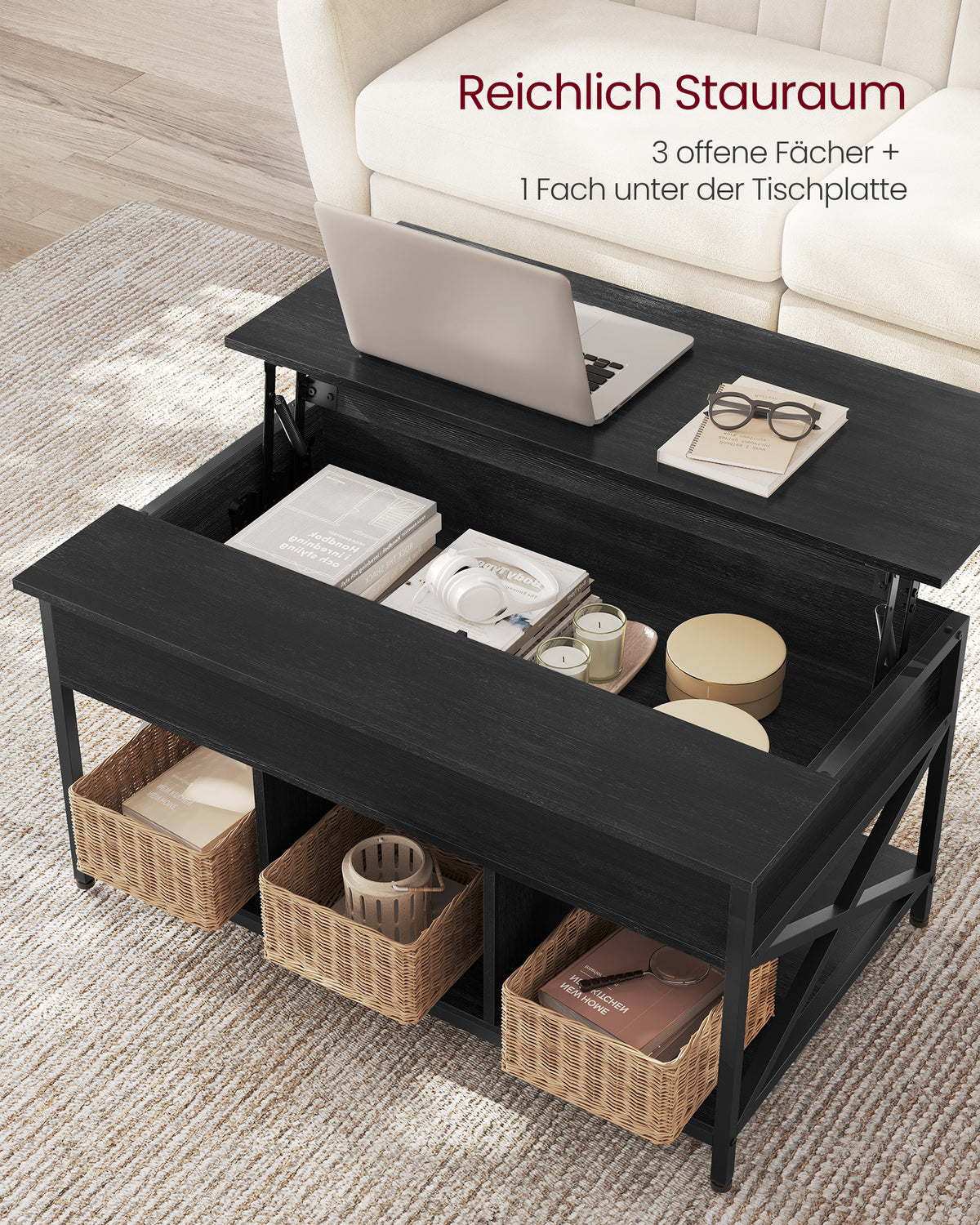 In Hoogte Verstelbare Salontafel met Liftblad en Open Vakken, 60 x 100 x 48-62 cm