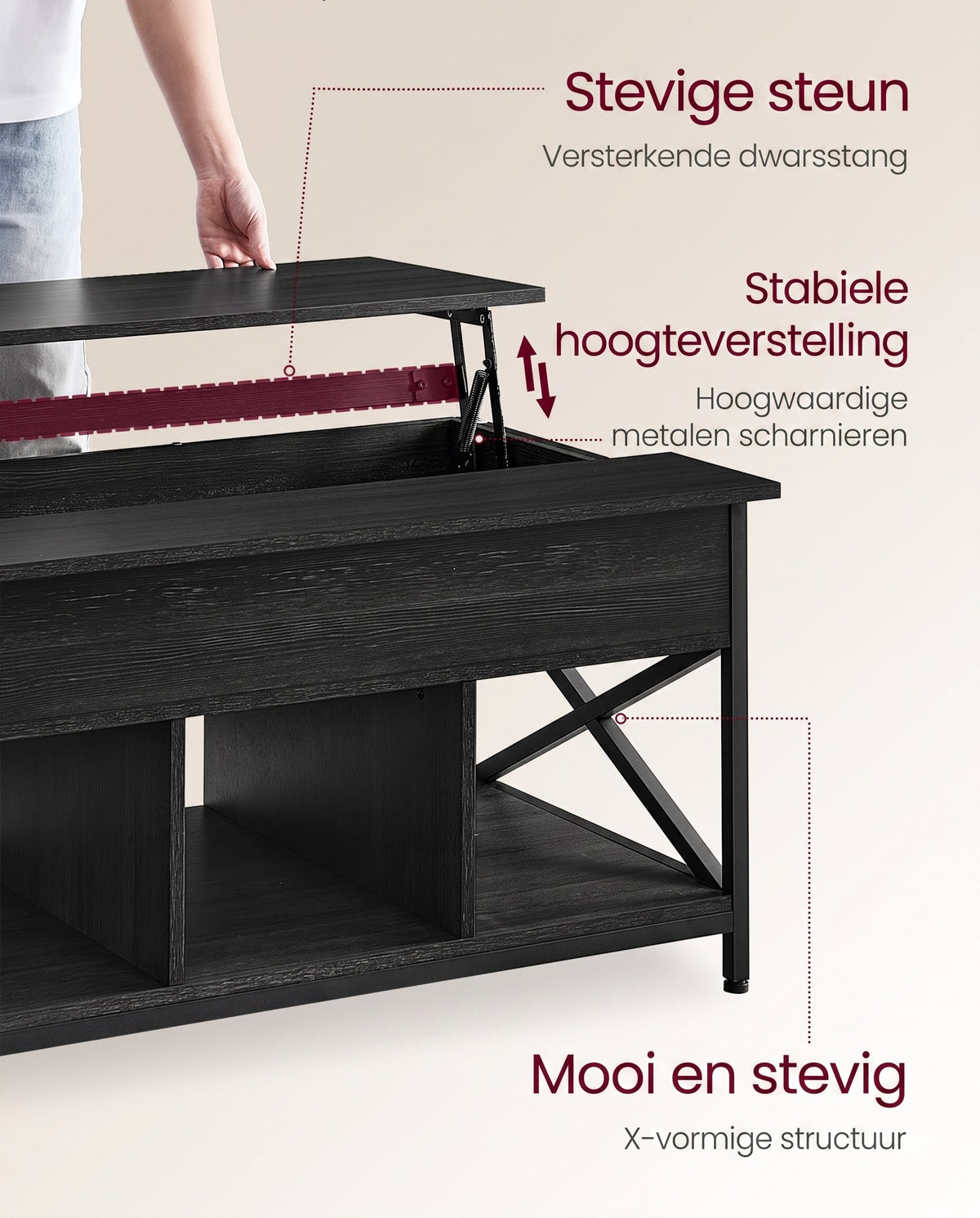 In Hoogte Verstelbare Salontafel met Liftblad en Open Vakken, 60 x 100 x 48-62 cm