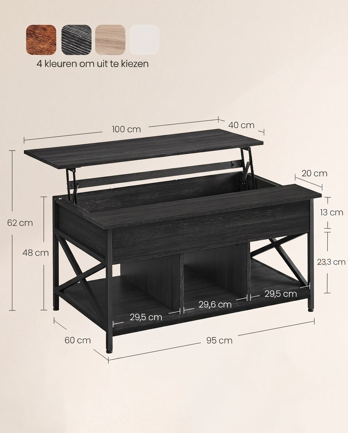 In Hoogte Verstelbare Salontafel met Liftblad en Open Vakken, 60 x 100 x 48-62 cm