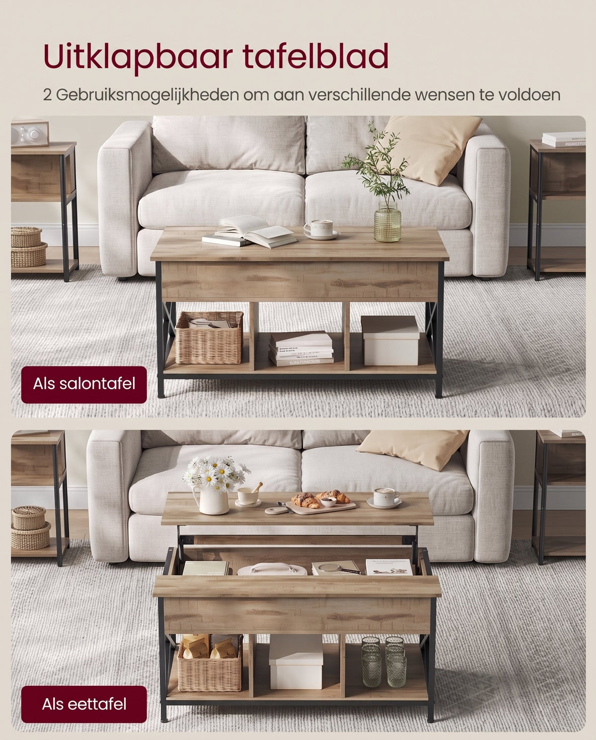 In Hoogte Verstelbare Salontafel met Liftblad en Open Vakken, 60 x 100 x 48-62 cm
