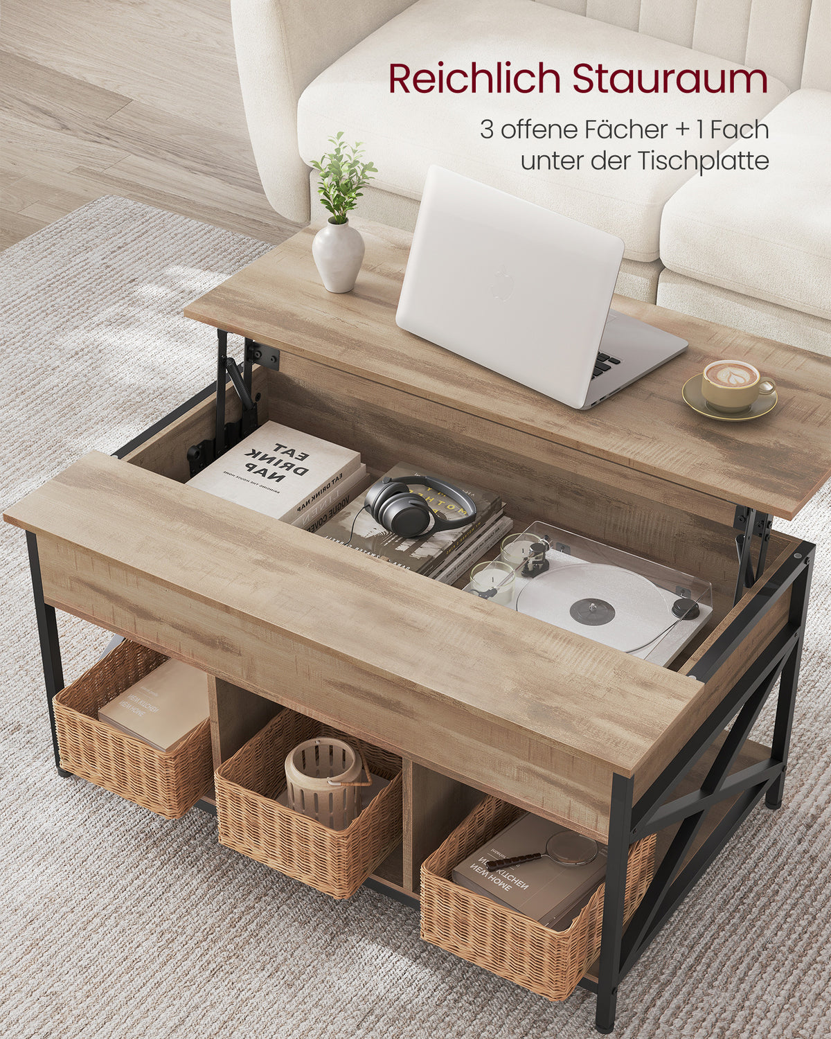 In Hoogte Verstelbare Salontafel met Liftblad en Open Vakken, 60 x 100 x 48-62 cm