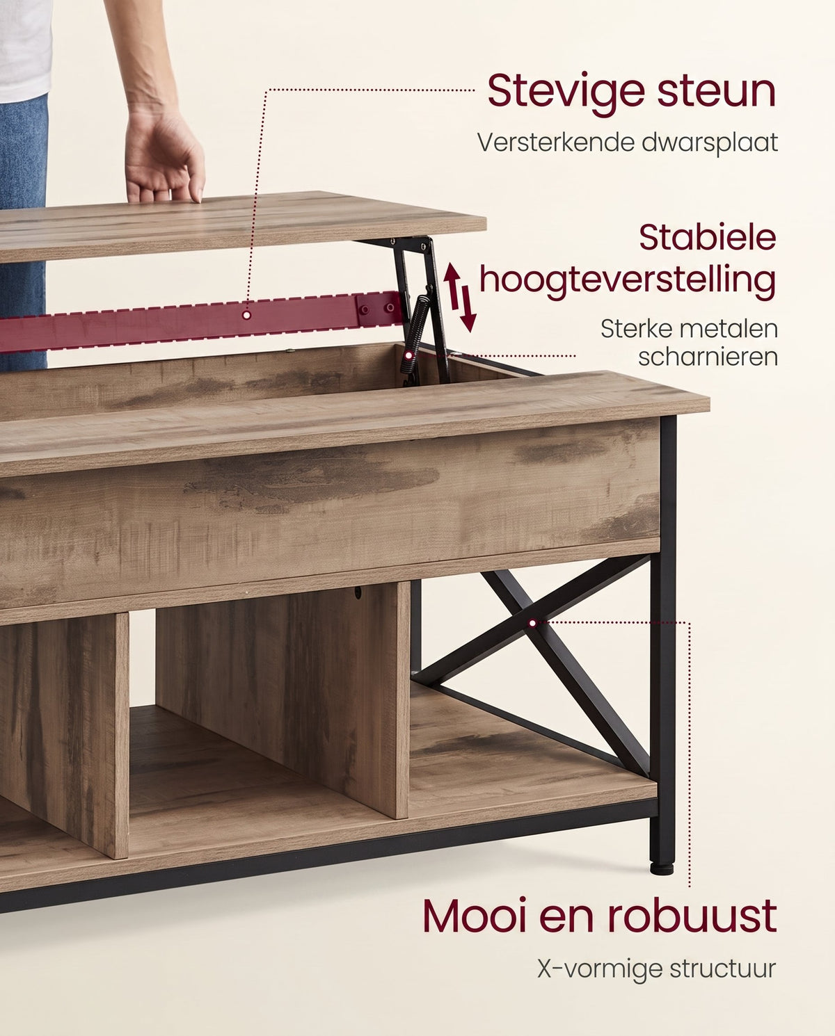In Hoogte Verstelbare Salontafel met Liftblad en Open Vakken, 60 x 100 x 48-62 cm