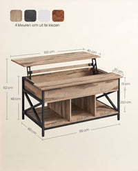 In Hoogte Verstelbare Salontafel met Liftblad en Open Vakken, 60 x 100 x 48-62 cm