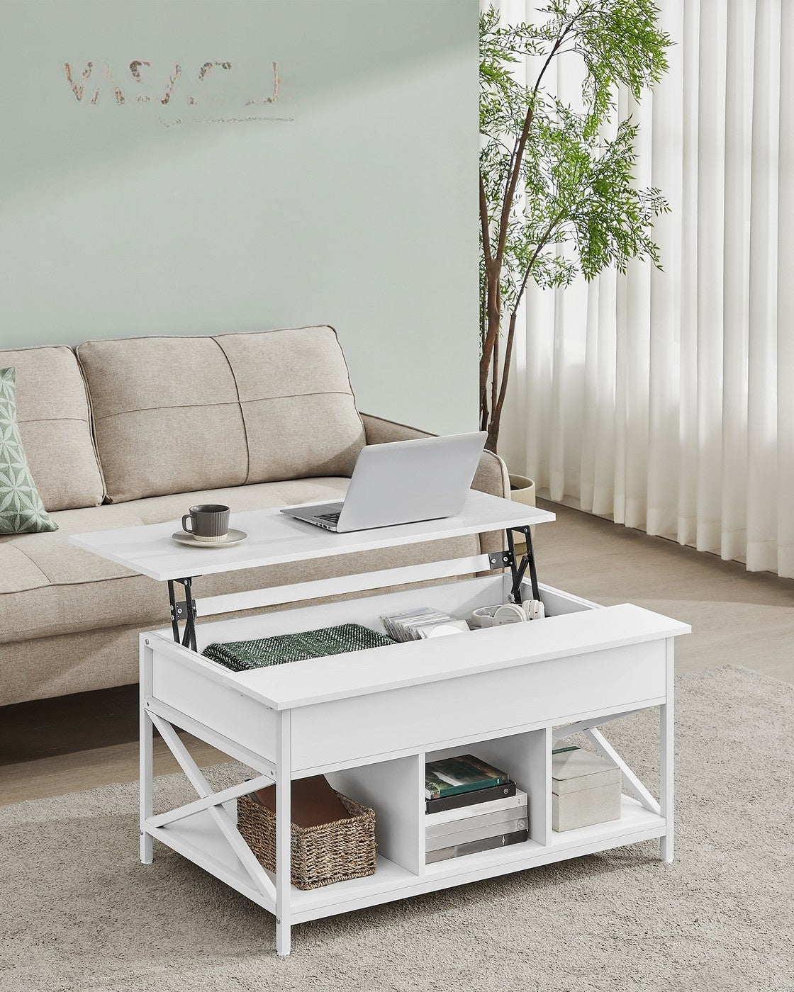 In Hoogte Verstelbare Salontafel met Liftblad en Open Vakken, 60 x 100 x 48-62 cm