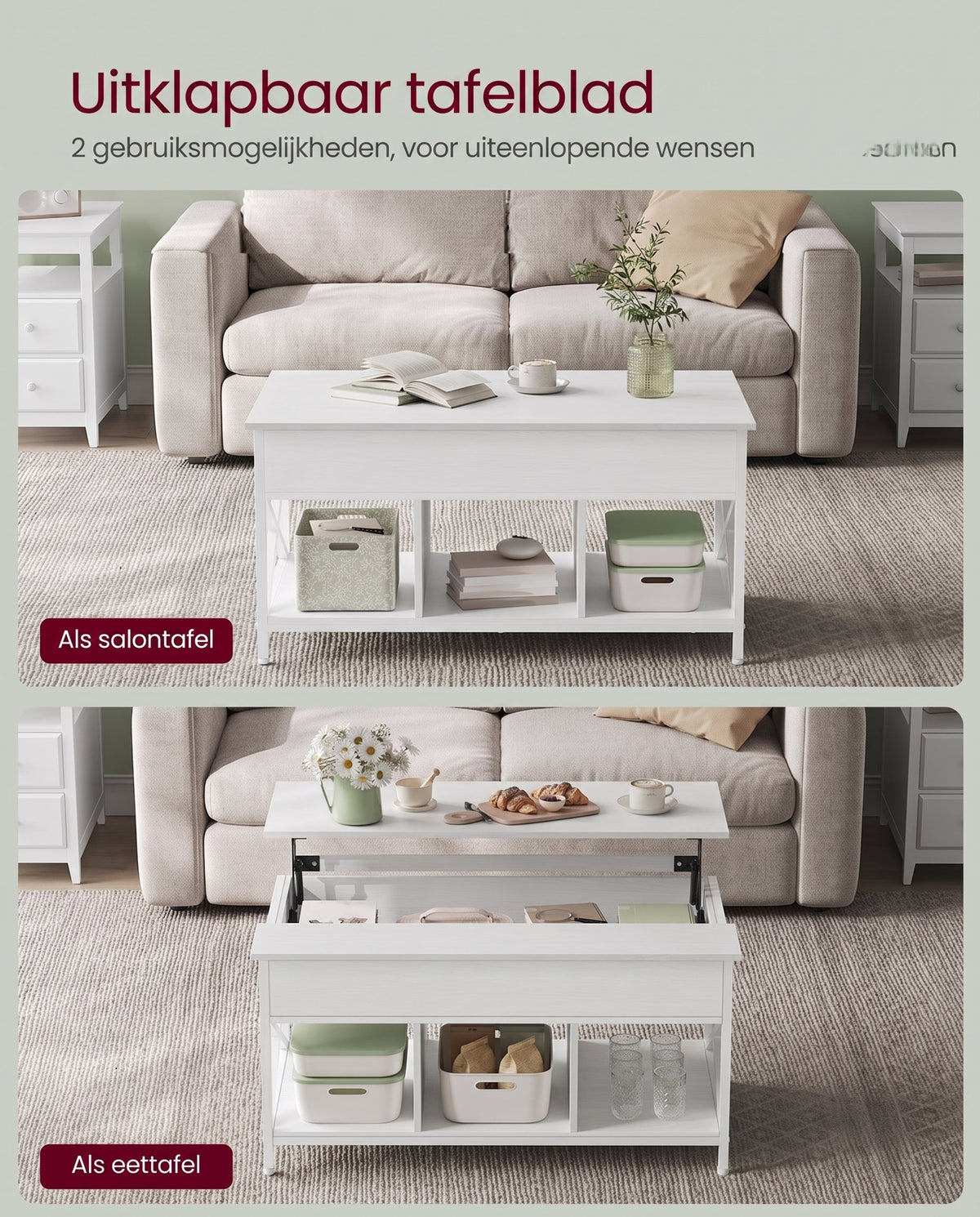 In Hoogte Verstelbare Salontafel met Liftblad en Open Vakken, 60 x 100 x 48-62 cm