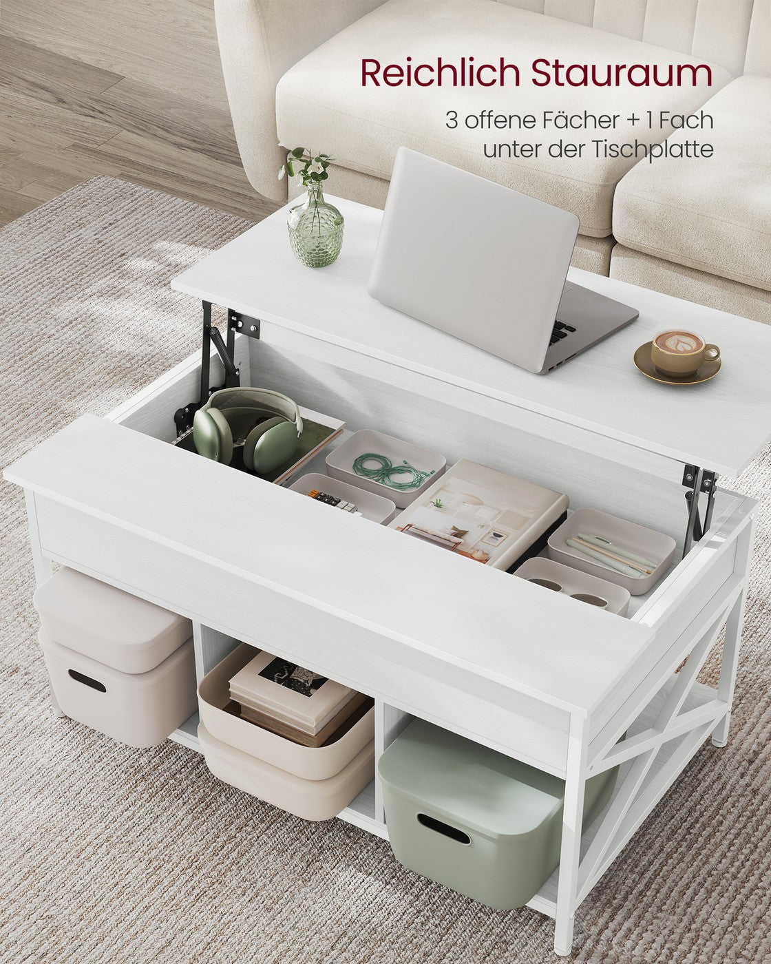 In Hoogte Verstelbare Salontafel met Liftblad en Open Vakken, 60 x 100 x 48-62 cm