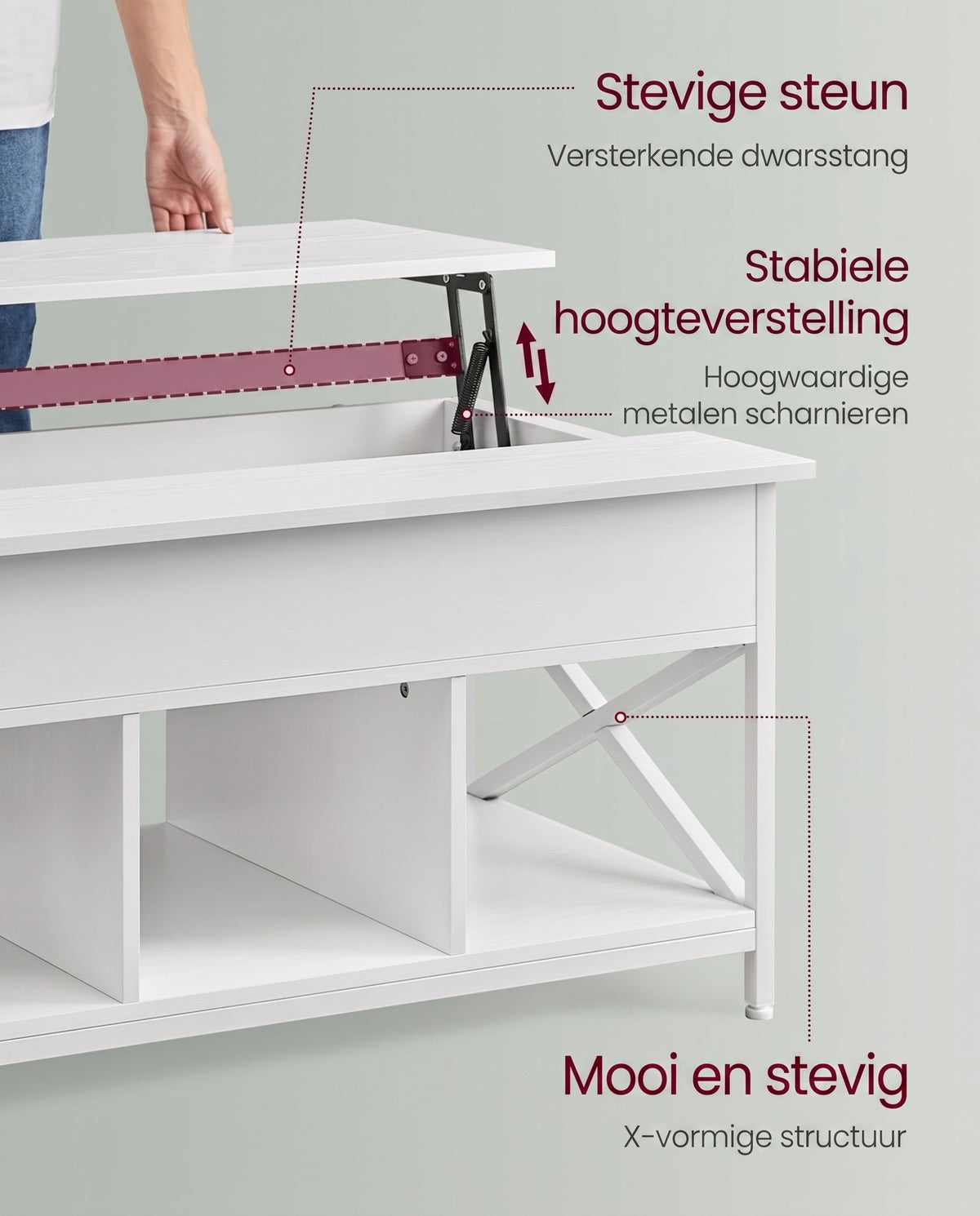 In Hoogte Verstelbare Salontafel met Liftblad en Open Vakken, 60 x 100 x 48-62 cm