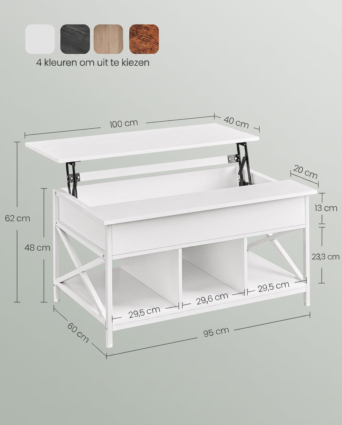 In Hoogte Verstelbare Salontafel met Liftblad en Open Vakken, 60 x 100 x 48-62 cm