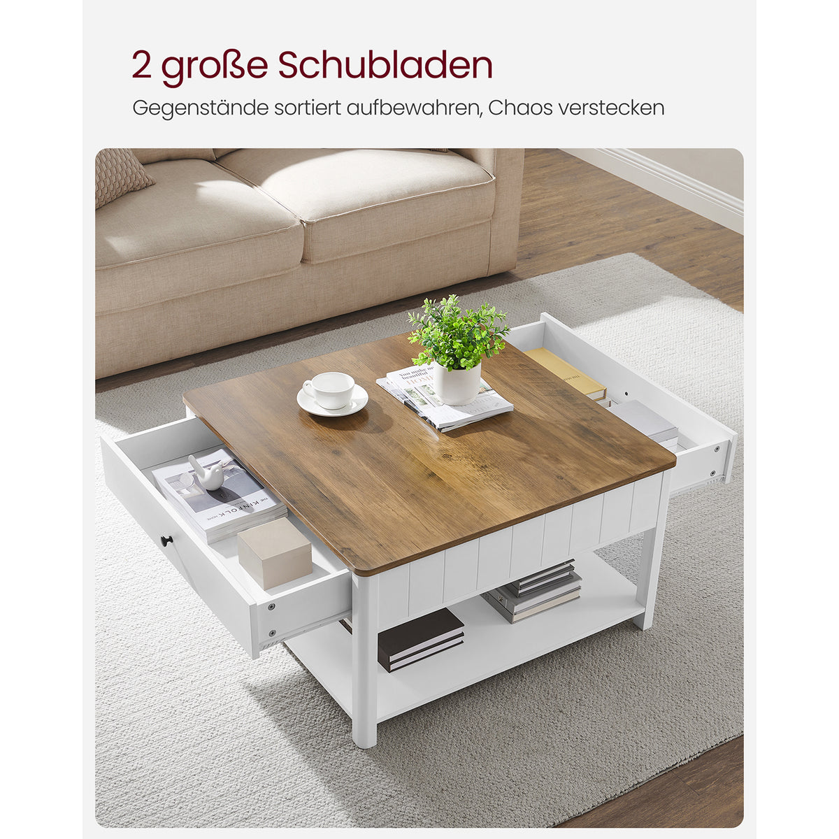 Salontafel met 2 Lades en Open Plank, 80 x 80 x 45 cm