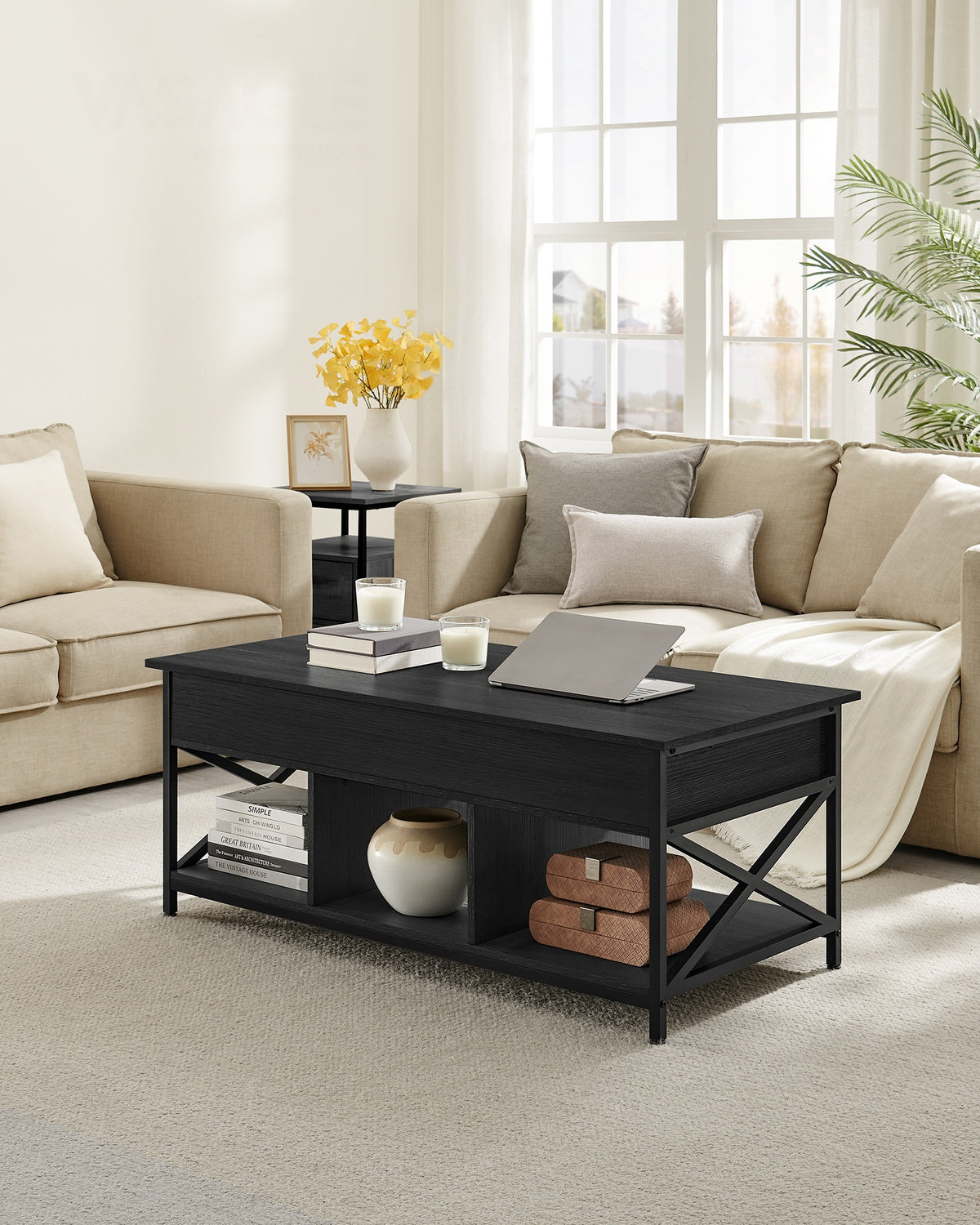 In Hoogte Verstelbare Salontafel met Liftblad en Open Vakken, 60 x 100 x 48-62 cm