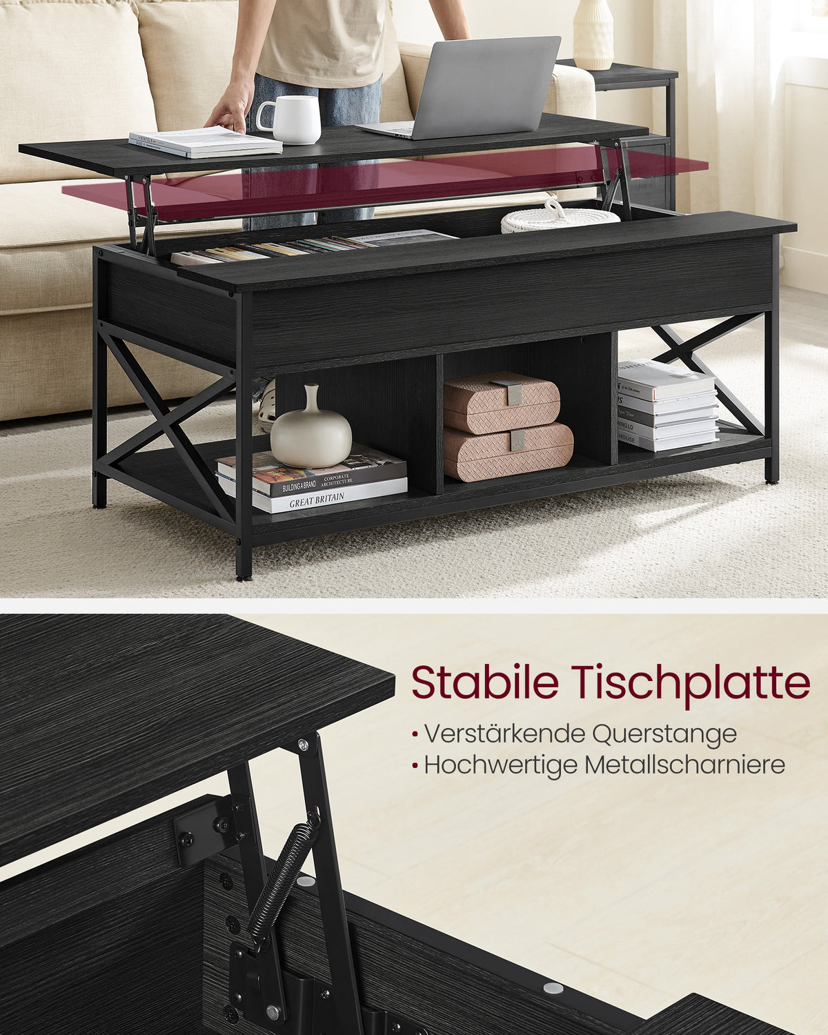In Hoogte Verstelbare Salontafel met Liftblad en Open Vakken, 60 x 100 x 48-62 cm