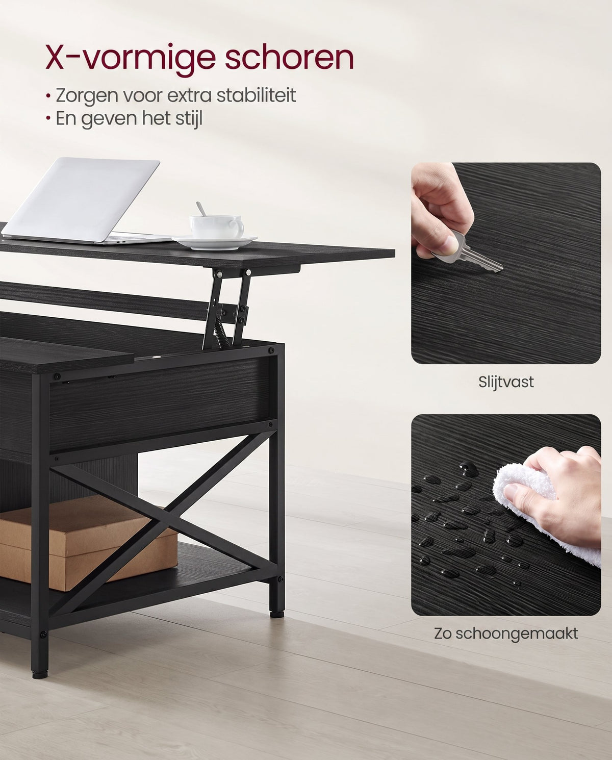 In Hoogte Verstelbare Salontafel met Liftblad en Open Vakken, 60 x 100 x 48-62 cm