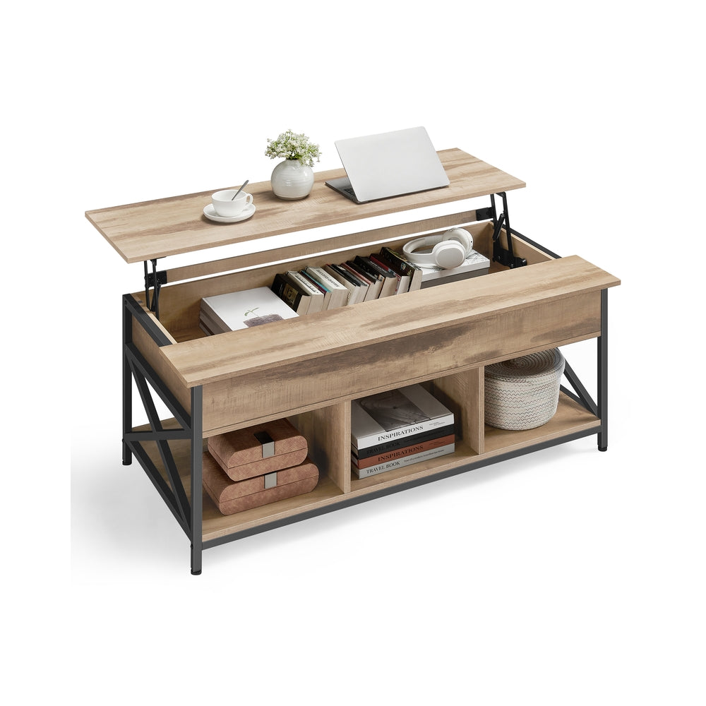 In Hoogte Verstelbare Salontafel met Liftblad en Open Vakken, 60 x 100 x 48-62 cm