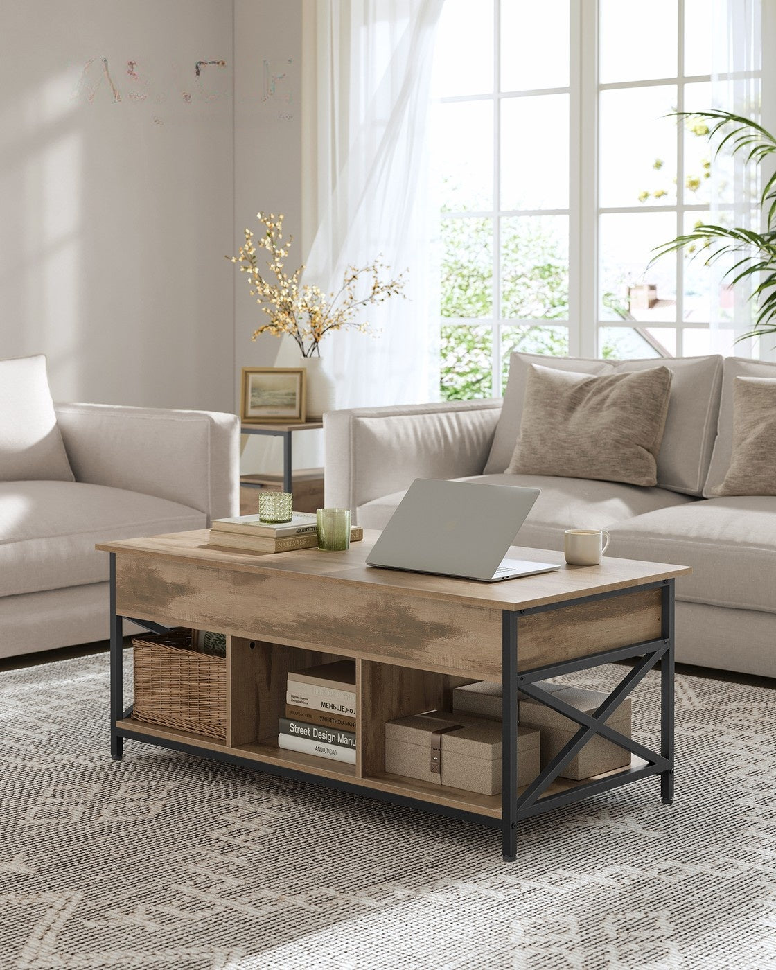 In Hoogte Verstelbare Salontafel met Liftblad en Open Vakken, 60 x 100 x 48-62 cm
